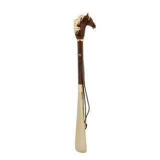 enameled brass wood shaft gift long handle handmade Italian luxury shoehorn side view