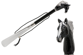 enameled brass black horse handle wooden shaft long handle handmade Italian luxury shoehorn front view