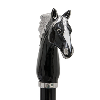 enameled brass black horse handle wooden shaft long handle handmade Italian luxury shoehorn close-up
