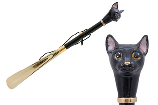 enameled brass black cat handle long handle handmade Italian luxury shoehorn front view