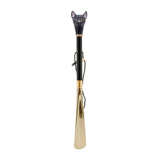 enameled brass black cat handle long handle handmade Italian luxury shoehorn side view