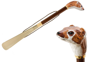 enameled brass wood shaft long handle handmade Italian luxury shoehorn front view