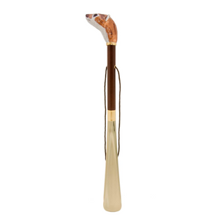 enameled brass wood shaft long handle handmade Italian luxury shoehorn side view