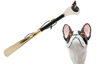 enameled brass French bulldog handle long handle handmade Italian luxury shoehorn front view