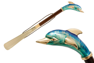 enameled dolphin design wood shaft long handle handcrafted Italian luxury shoehorn front view