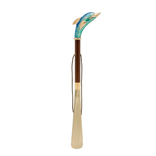 enameled dolphin design wood shaft long handle handcrafted Italian luxury shoehorn side view