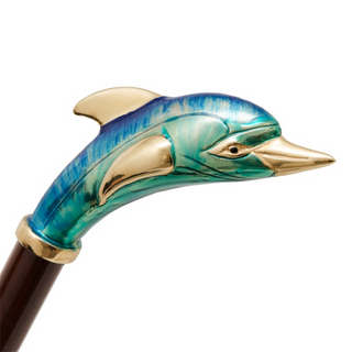 enameled dolphin design wood shaft long handle handcrafted Italian luxury shoehorn close-up