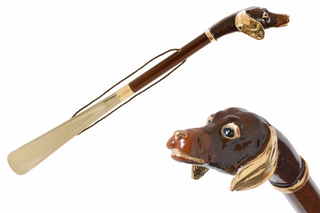 enameled brass dachshund handle wooden shaft long handle handmade Italian luxury shoehorn front view