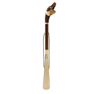 enameled brass dachshund handle wooden shaft long handle handmade Italian luxury shoehorn side view