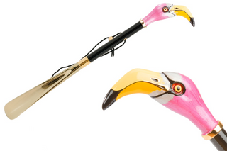 enameled brass flamingo handle wooden shaft long handle handmade Italian luxury shoehorn front view