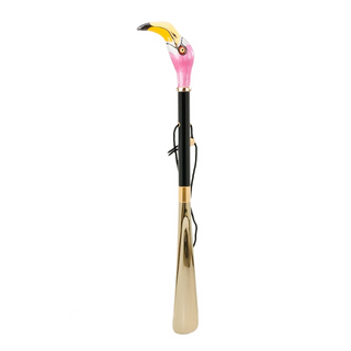 enameled brass flamingo handle wooden shaft long handle handmade Italian luxury shoehorn side view