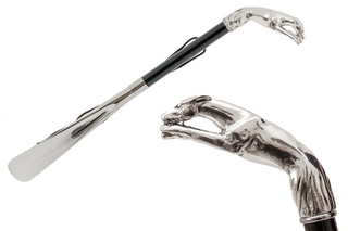 silver-plated greyhound handle wood shaft long handle handmade Italian luxury shoehorn front view
