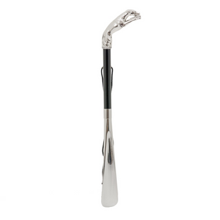 silver-plated greyhound handle wood shaft long handle handmade Italian luxury shoehorn side view