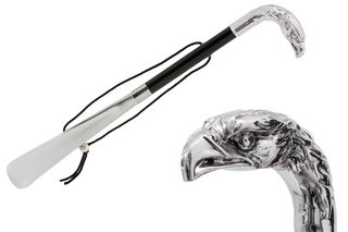 silver eagle handle wooden shaft long handle handmade Italian luxury shoehorn front view