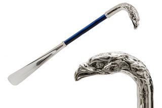 silver eagle blue metal handle long handle handmade Italian luxury shoehorn front view