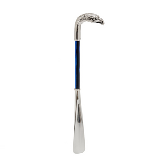 silver eagle blue metal handle long handle handmade Italian luxury shoehorn side view