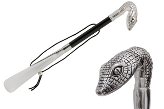 enameled snake head handle wood shaft gift box long handle handmade Italian luxury shoehorn front view