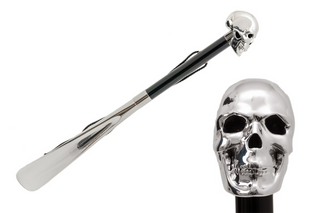 silver skull handle wooden shaft long handle handmade Italian luxury shoehorn front view