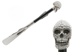Swarovski crystal skull wooden shaft long handle handmade Italian luxury shoehorn front view