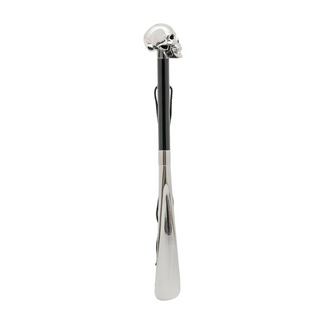 silver skull handle wooden shaft long handle handmade Italian luxury shoehorn side view