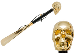 gilt resin skull handle long handle handmade Italian luxury shoehorn front view