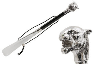 silver tiger handle wooden shaft long handle handmade Italian luxury shoehorn front view