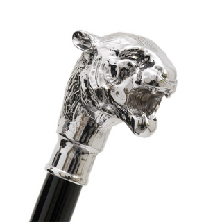 silver tiger handle wooden shaft long handle handmade Italian luxury shoehorn close-up
