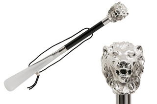 silver lion handle wood shaft long handle handmade Italian luxury shoehorn front view