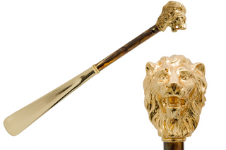 gold lion motif brass handle long handle handmade Italian luxury shoehorn front view