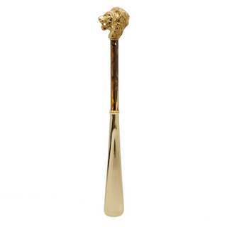 gold lion motif brass handle long handle handmade Italian luxury shoehorn close-up