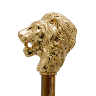 gold lion motif brass handle long handle handmade Italian luxury shoehorn close-up view