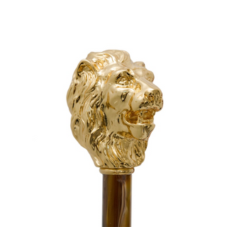gold lion motif brass handle long handle handmade Italian luxury shoehorn angle view