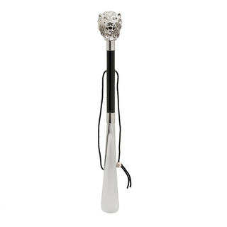 silver lion handle wood shaft long handle handmade Italian luxury shoehorn side view