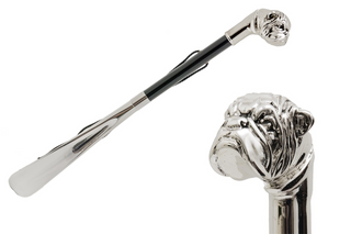 silver bulldog handle long handle handmade Italian luxury shoehorn front view