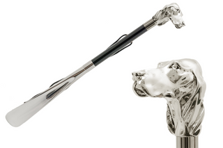 silver dog handle wooden shaft long handle handmade Italian luxury shoehorn front view