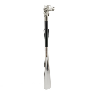 silver dog handle wooden shaft long handle handmade Italian luxury shoehorn side view