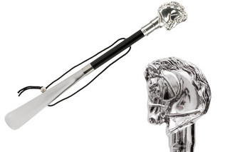 silver horse handle wood shaft long handle handmade Italian luxury shoehorn front view