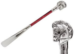 silver horse handle gift box long handle handmade Italian luxury shoehorn front view