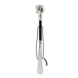 silver horse handle wood shaft long handle handmade Italian luxury shoehorn side view
