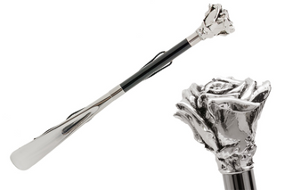 silver rose wooden shaft long handle handmade Italian luxury shoehorn front view