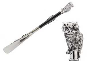 silver owl handle wood shaft long handle handmade Italian luxury shoehorn front view
