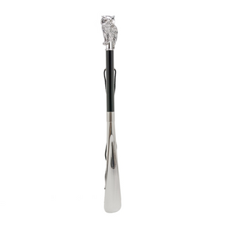 silver owl handle wood shaft long handle handmade Italian luxury shoehorn side view
