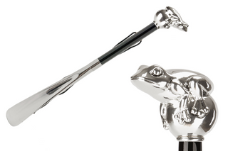 silver frog handle wooden shaft long handle handmade Italian luxury shoehorn front view