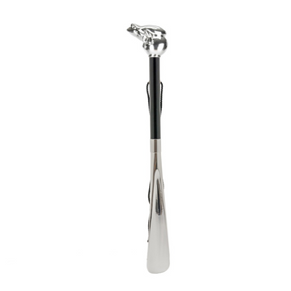 silver frog handle wooden shaft long handle handmade Italian luxury shoehorn side view