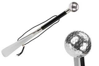 silver golf ball design wood shaft gift box long handle handmade Italian luxury shoehorn front view