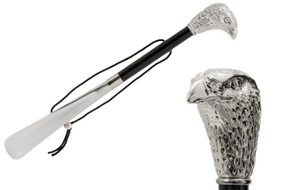 silver-plated eagle handle wood shaft long handle handmade Italian luxury shoehorn front view
