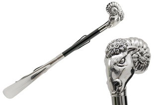 silver ram handle long handle handmade Italian luxury shoehorn front view