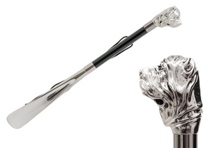 silver mastiff handle wooden shaft long handle handmade Italian luxury shoehorn front view