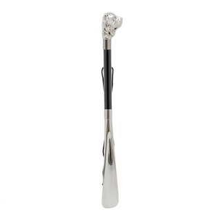silver mastiff handle wooden shaft long handle handmade Italian luxury shoehorn side view