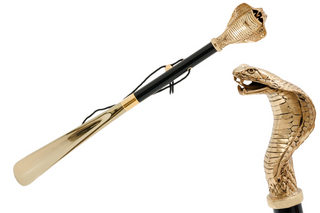 brass golden cobra handle wooden shaft long handle handmade Italian luxury shoehorn front view